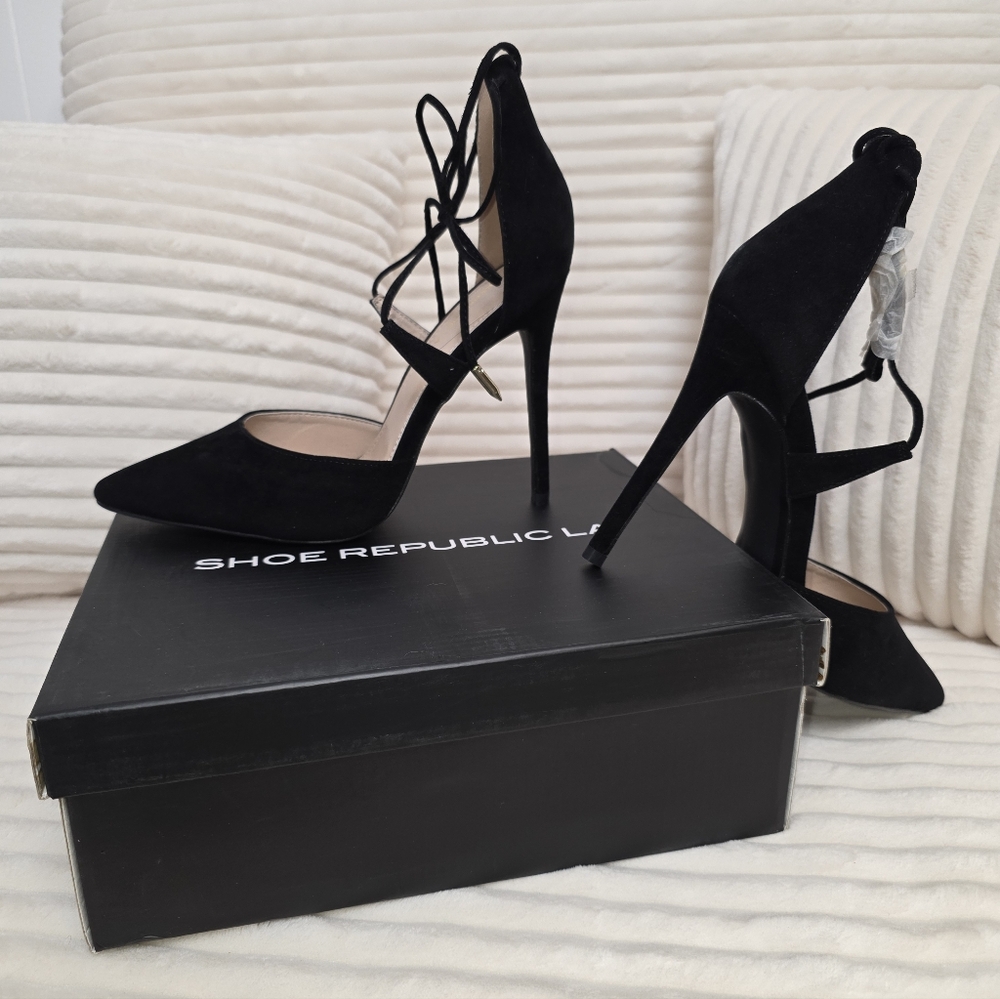Shoe Republic LA Black Suede Lace-Up Stiletto Heels Size 8.5 with Box